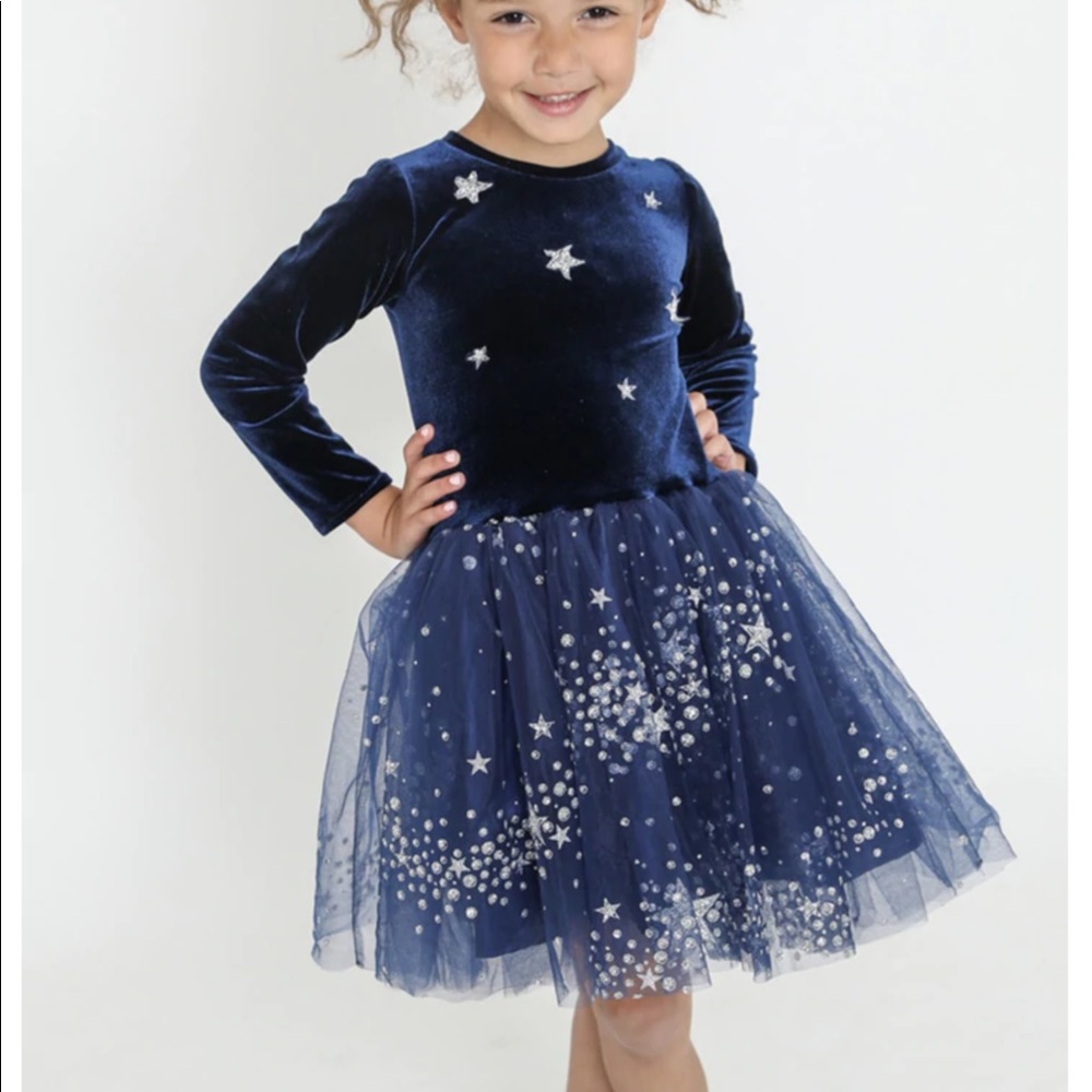 Halabaloo Velvet Little Girls Star Sequin Dress In Navy Size 6X NWT.